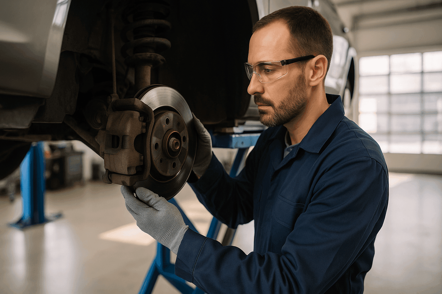 Auto technician inspecting a car's brake components in a well-lit garage