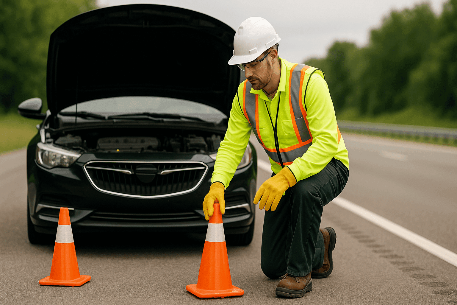 Roadside technician assisting a stranded motorist with a car breakdown on the shoulder