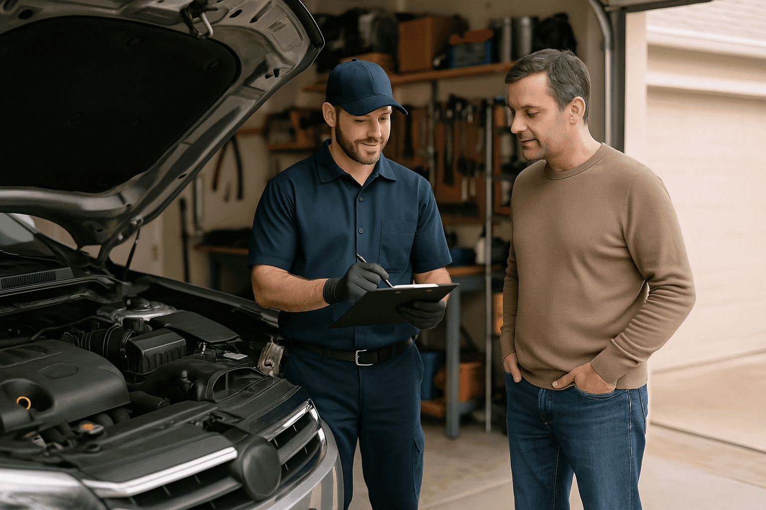 Auto technician explaining car maintenance checklist to a homeowner in a garage