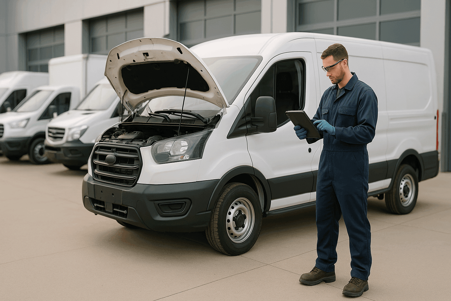 Fleet of commercial vehicles lined up for routine maintenance at an auto repair facility