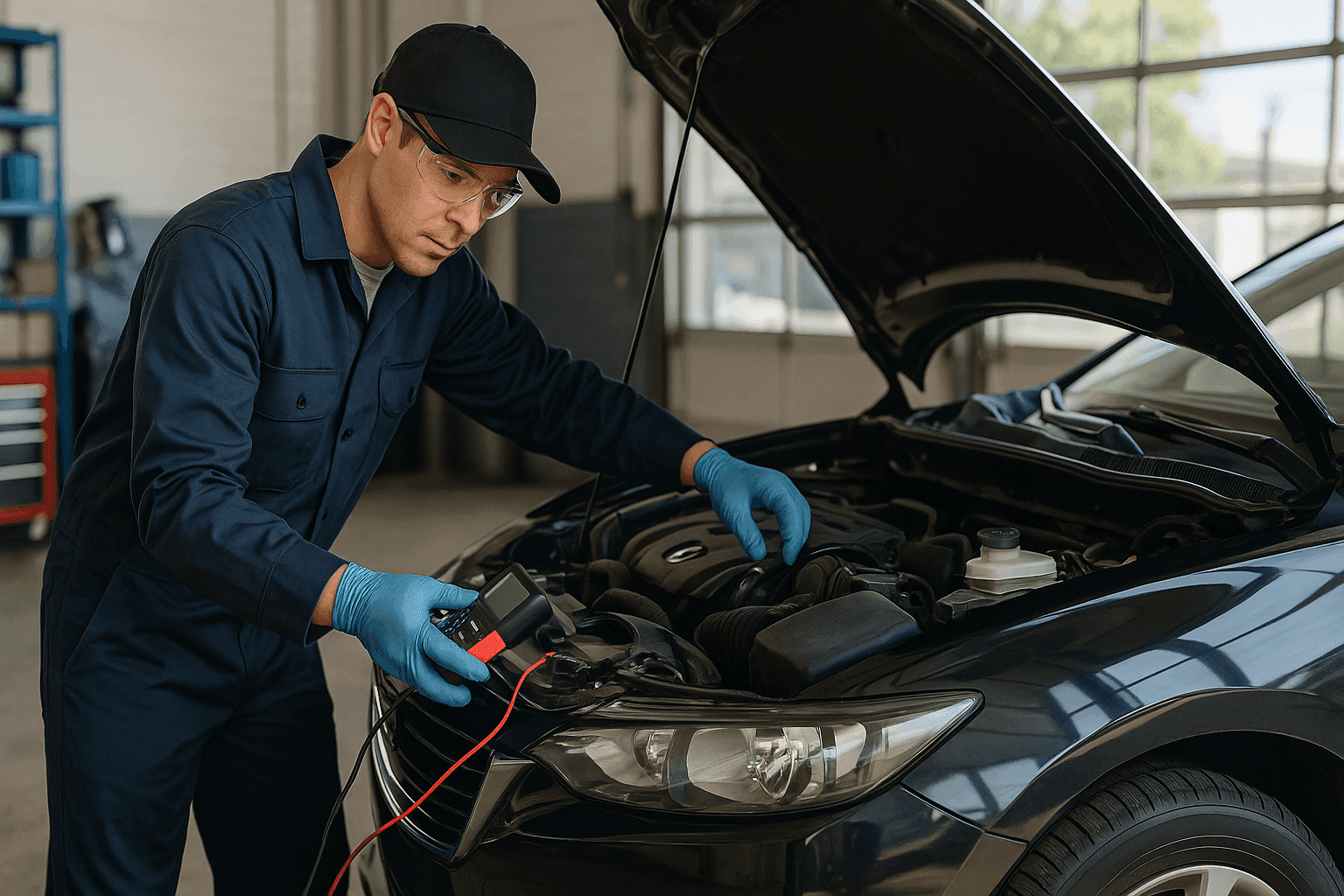 Technician performing seasonal maintenance check on a vehicle in a garage