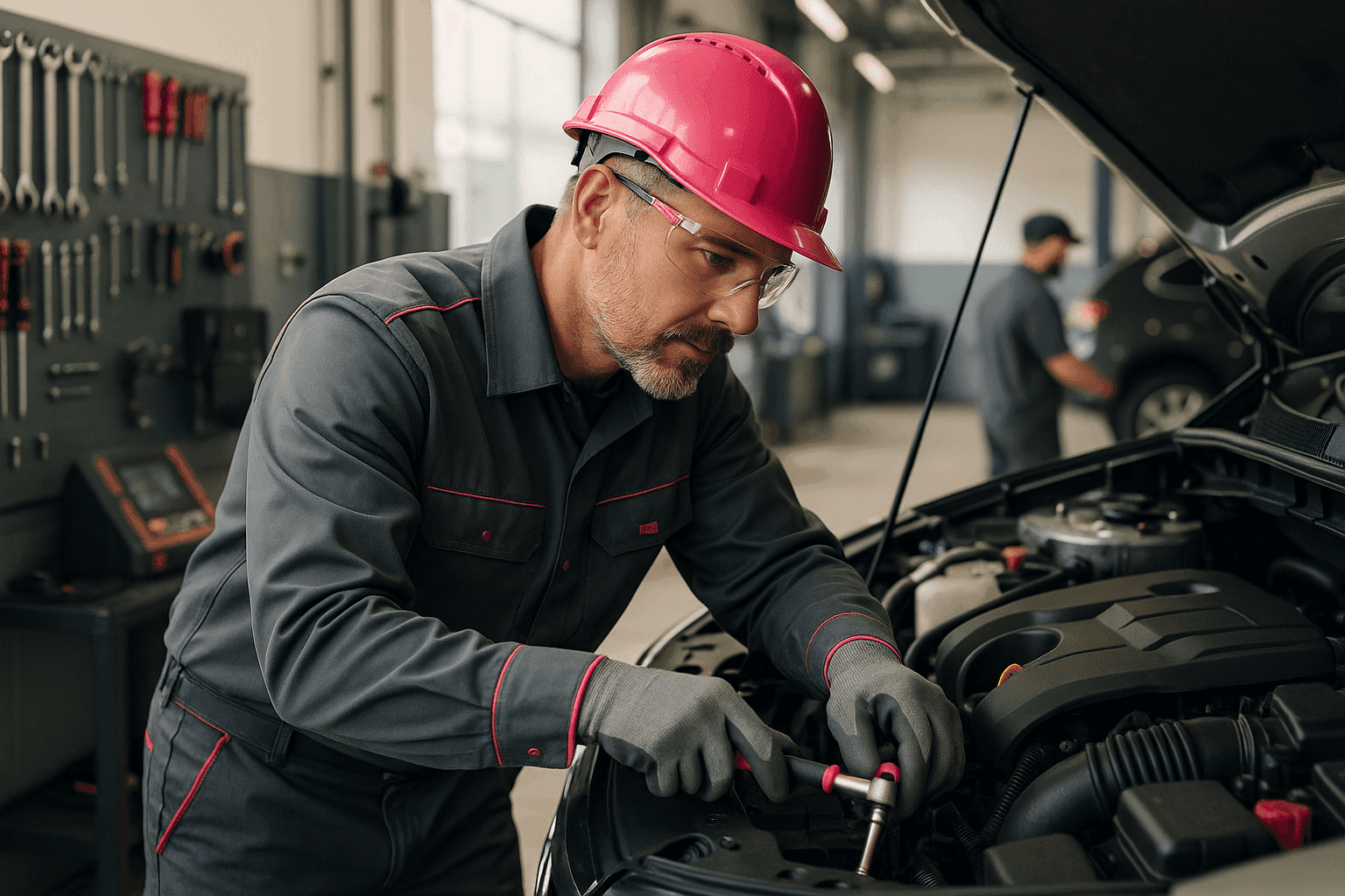 Mechanic wearing safety gear working on car engine in a clean, modern auto repair shop interior